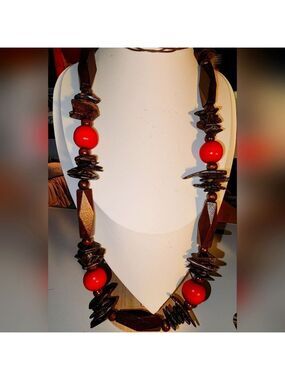 Wooden Elegant Brown and Red Beaded Geometric Necklace 36"